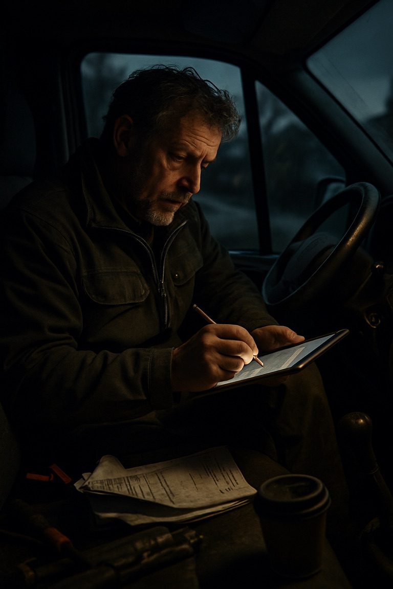 Vakman vult 's avonds in zijn bus op de tablet nog een offerte in