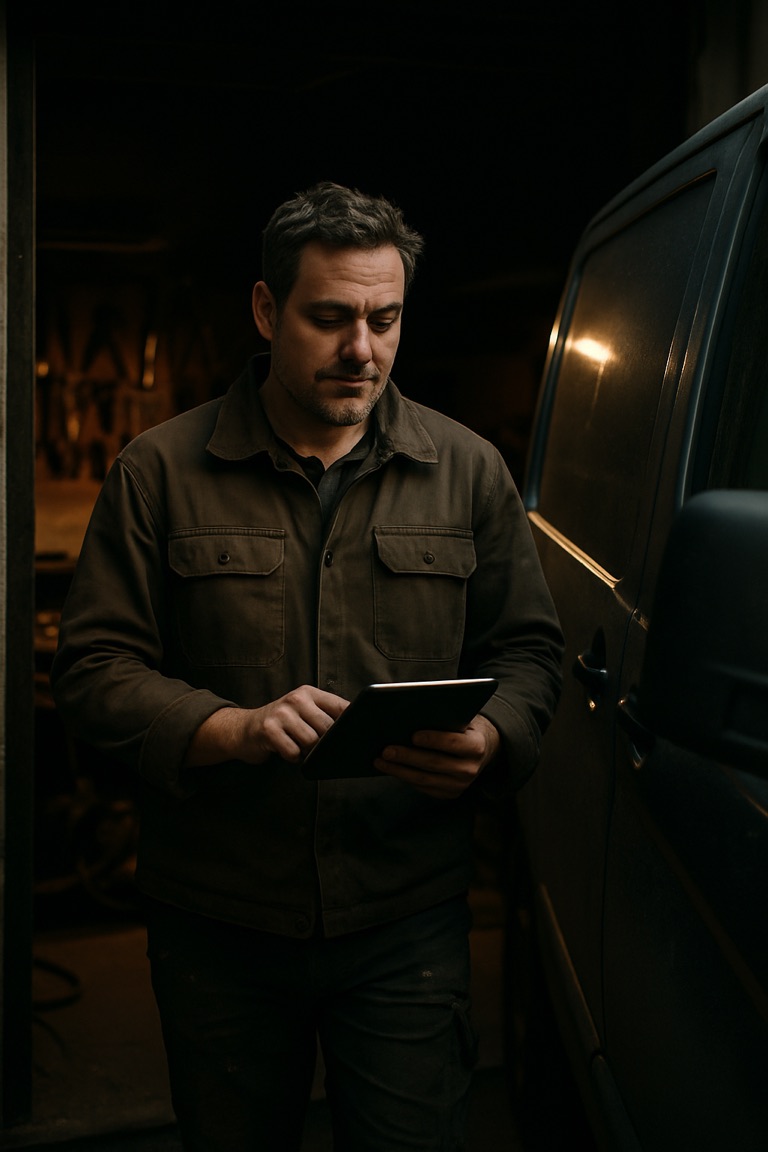 Vakman bekijkt op zijn tablet naast de bus welk systeem hij gebruikt