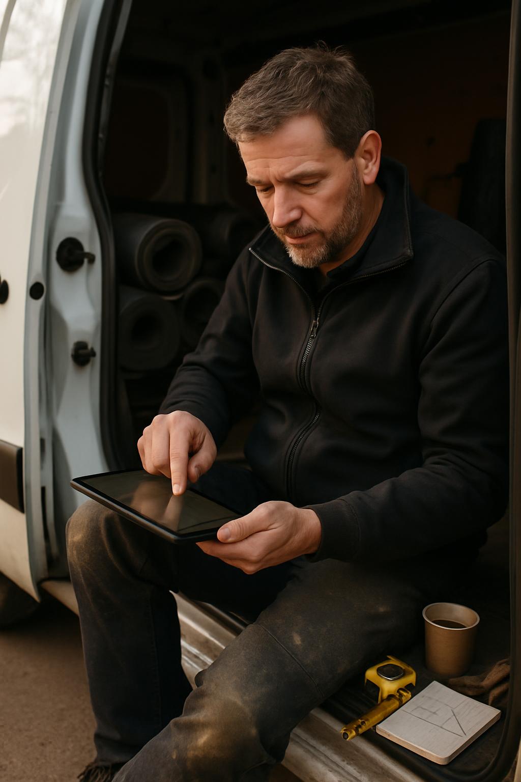 Dakdekker zet na de opname op locatie de maten van het dak in een tablet in zijn werkbus, waarna de offerte automatisch wordt uitgerekend