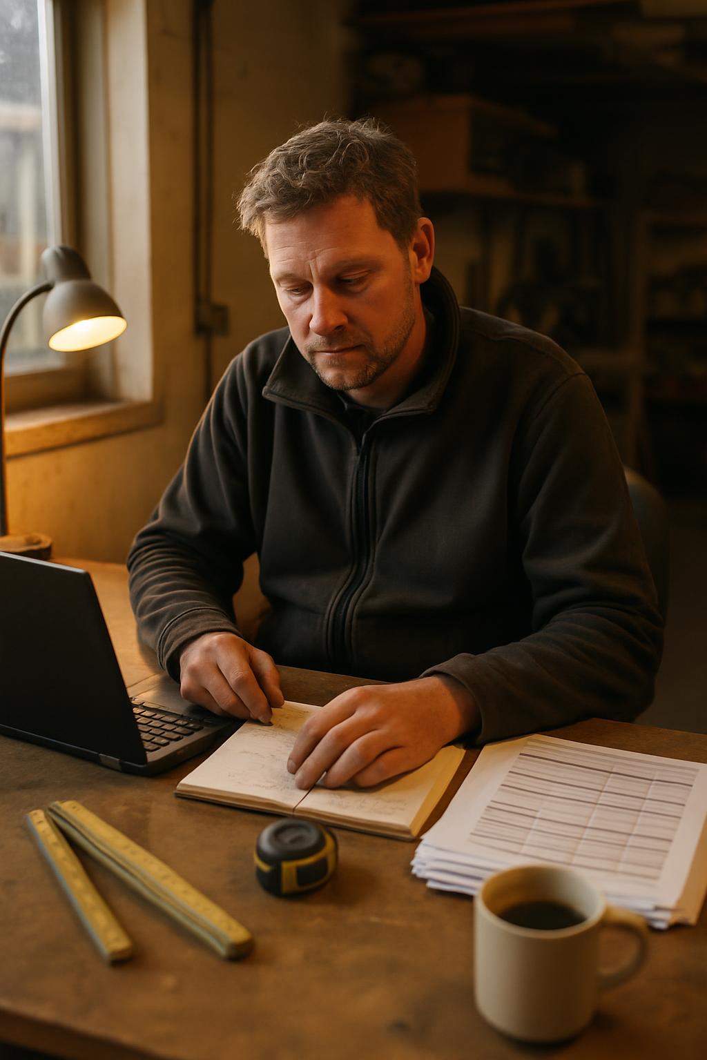 Eigenaar van een vakbedrijf maakt een offerte aan zijn bureau, met een notitieblok vol maten, een rolmaat en een laptop naast zich.