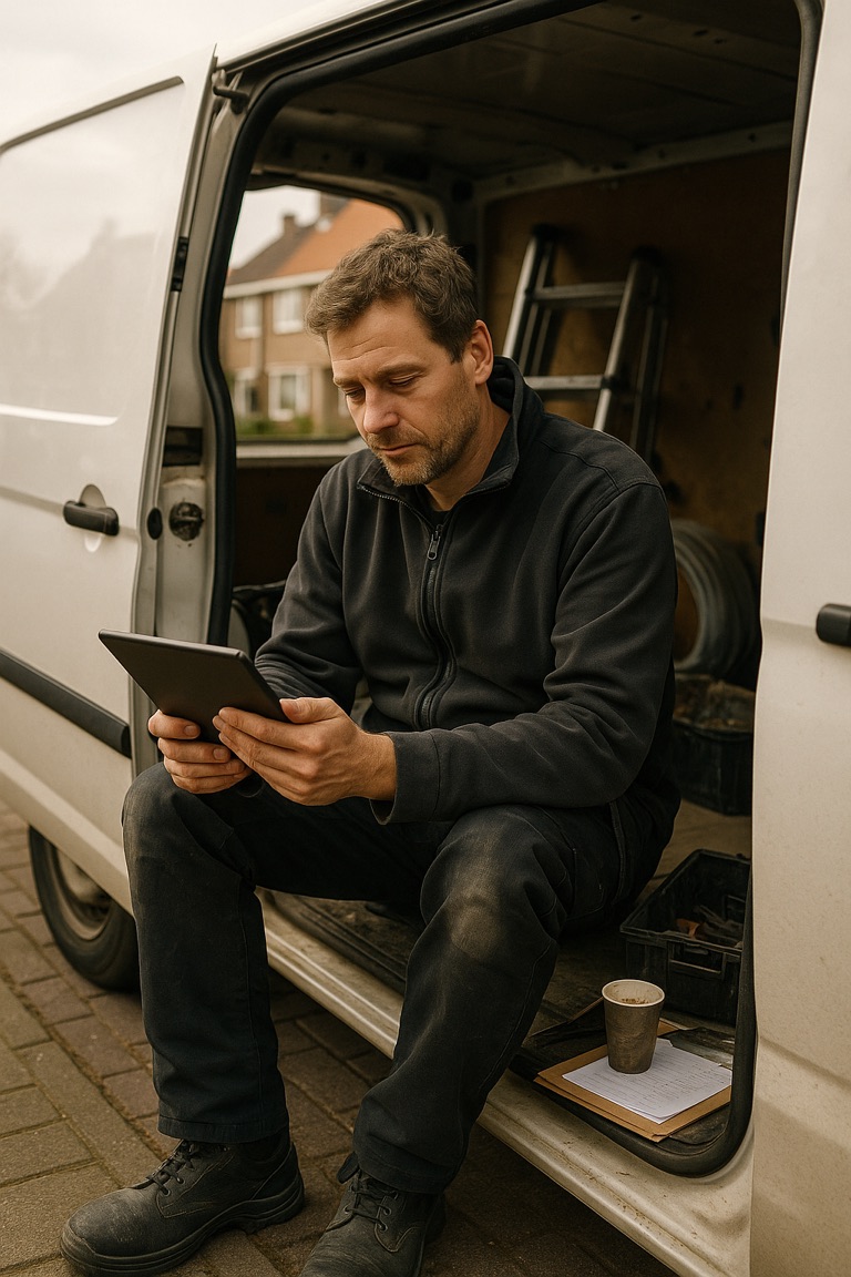 Vakman stuurt direct na de inspectie de offerte vanuit zijn bus, om trage reactietijd te voorkomen