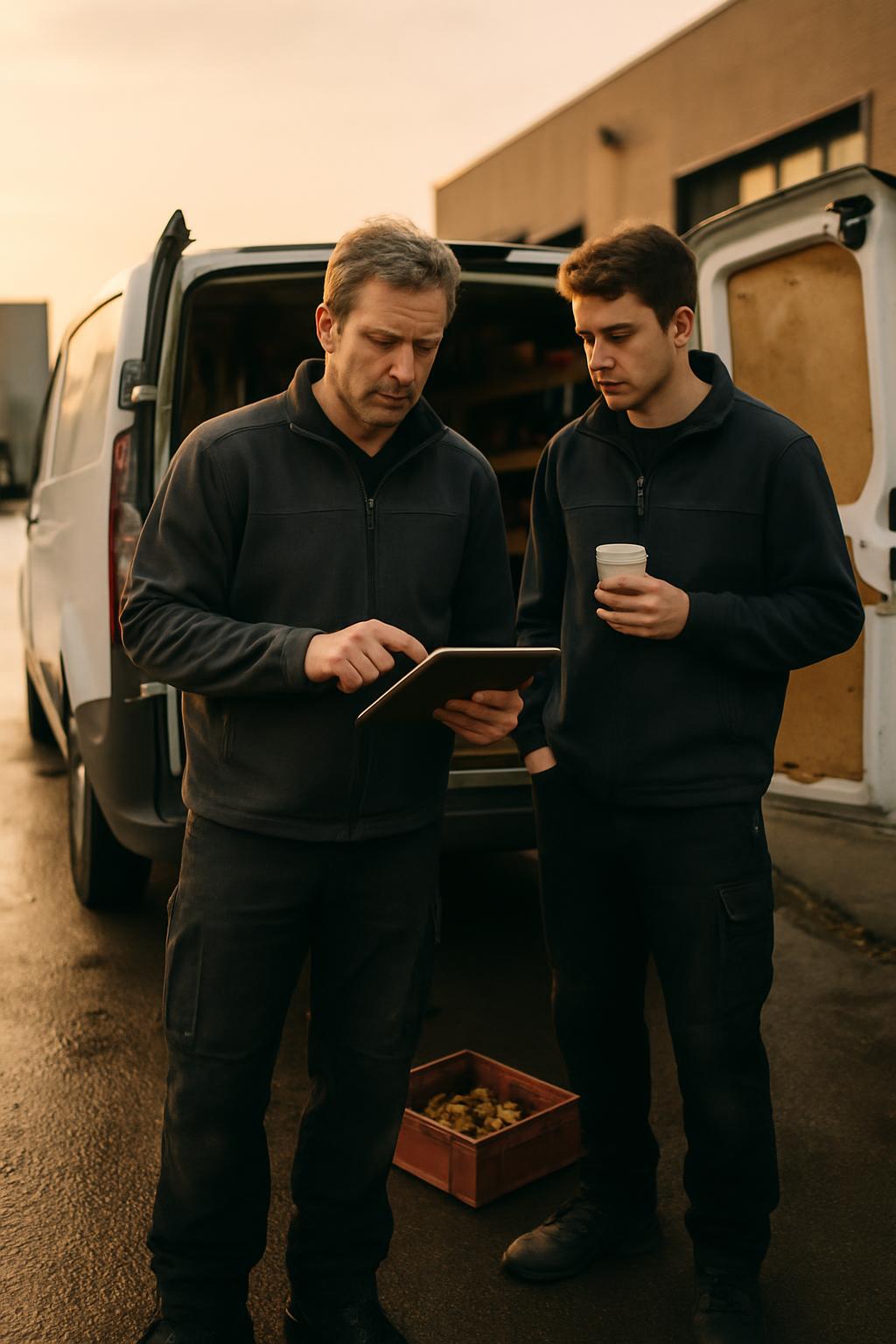 Voorman neemt 's ochtends bij de bestelbus de planning voor zijn monteurs door op een tablet