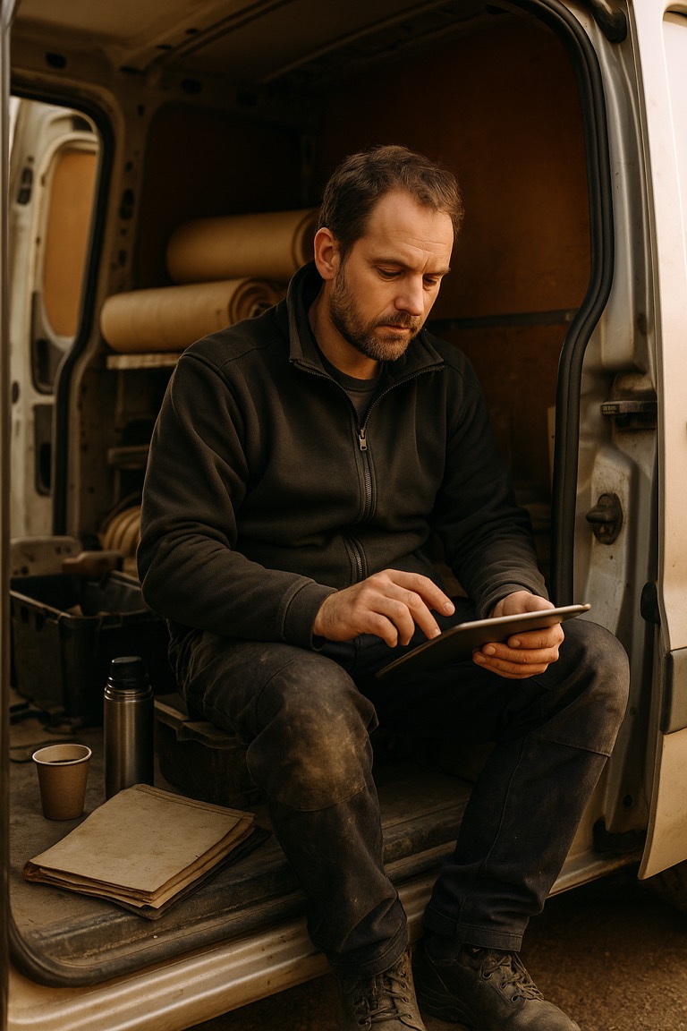 Vakman maakt een offerte op een tablet in zijn werkbus