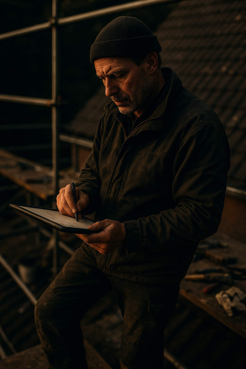 Dakdekker vult 's avonds op de steiger nog een werkbon in op zijn tablet