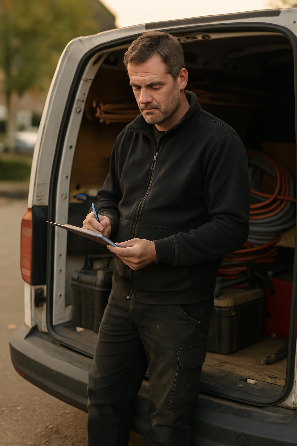 Installateur vult bij zijn werkbus een geprinte werkbon in, het papieren vervolg op een werkbon maken in Excel
