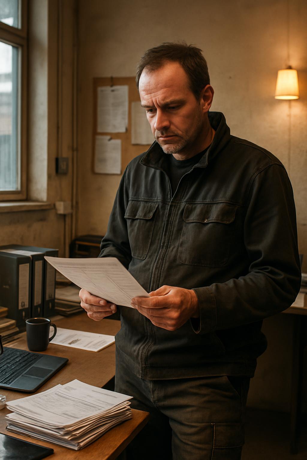 Eigenaar van een vakbedrijf zit aan zijn bureau werkbonnen te controleren, met een stapel ingevulde bonnen ernaast
